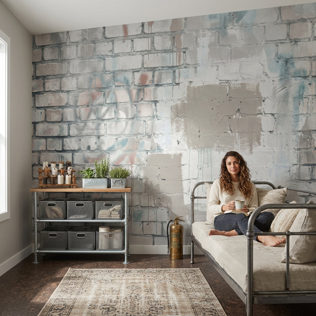 Eskitme Tuğla Görünümlü Poster Duvar Kağıdı Gri Endüstriyel Salon