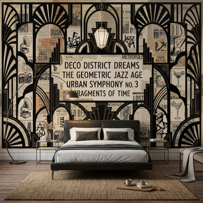 Art Deco Poster Duvar Kağıdı Siyah Bej Geometrik Salon