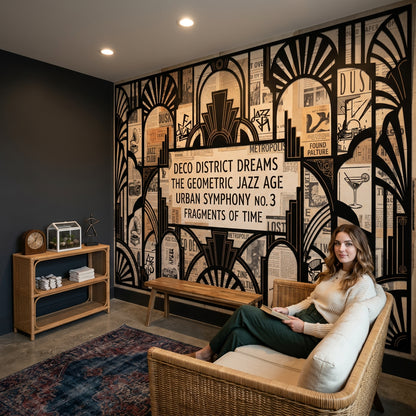 Art Deco Poster Duvar Kağıdı Siyah Bej Geometrik Salon
