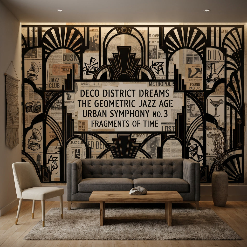 Art Deco Poster Duvar Kağıdı Siyah Bej Geometrik Salon
