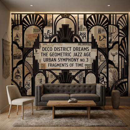 Art Deco Poster Duvar Kağıdı Siyah Bej Geometrik Salon