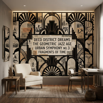 Art Deco Poster Duvar Kağıdı Siyah Bej Geometrik Salon