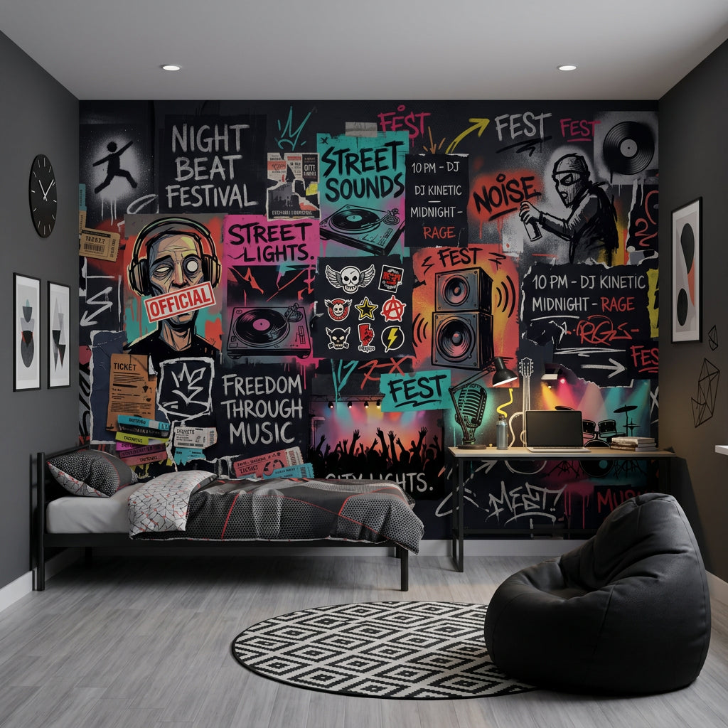 Grafiti Müzik Temalı Poster Duvar Kağıdı Genç Odası Renkli