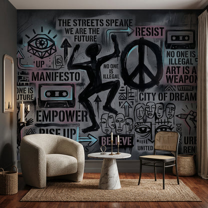 Graffiti Yazılı Poster Duvar Kağıdı Siyah Gri Modern Salon