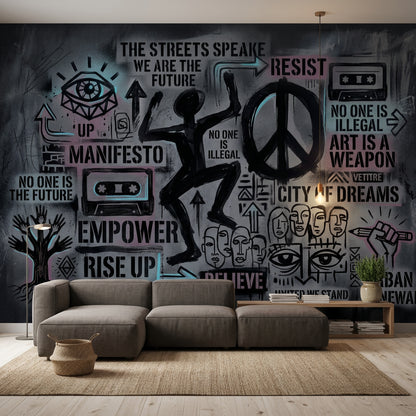 Graffiti Yazılı Poster Duvar Kağıdı Siyah Gri Modern Salon