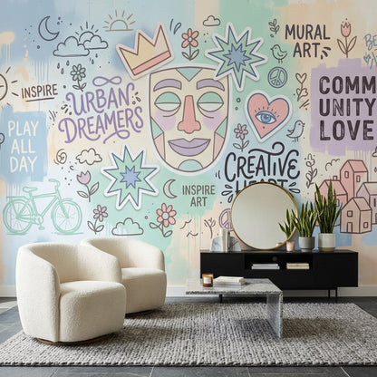Grafiti Yazılı Poster Duvar Kağıdı Pastel Renkli Salon Dekoru