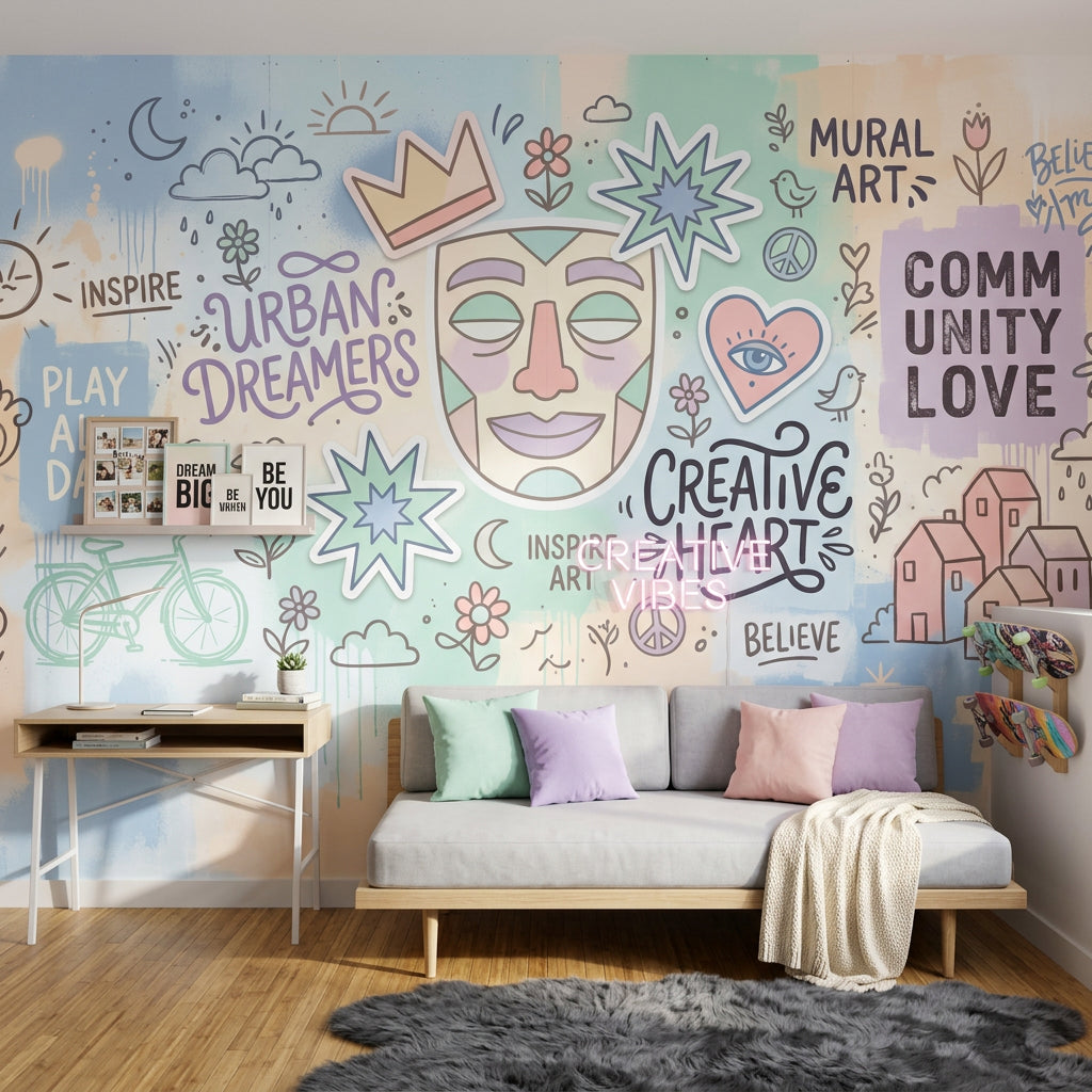 Grafiti Yazılı Poster Duvar Kağıdı Pastel Renkli Salon Dekoru