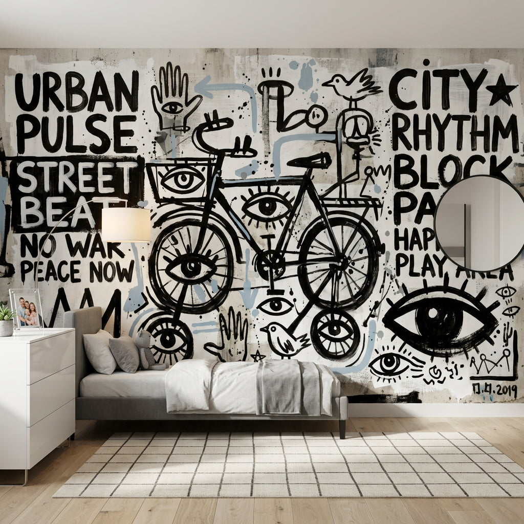 Grafiti Bisikletli Poster Duvar Kağıdı Siyah Beyaz Genç Odası