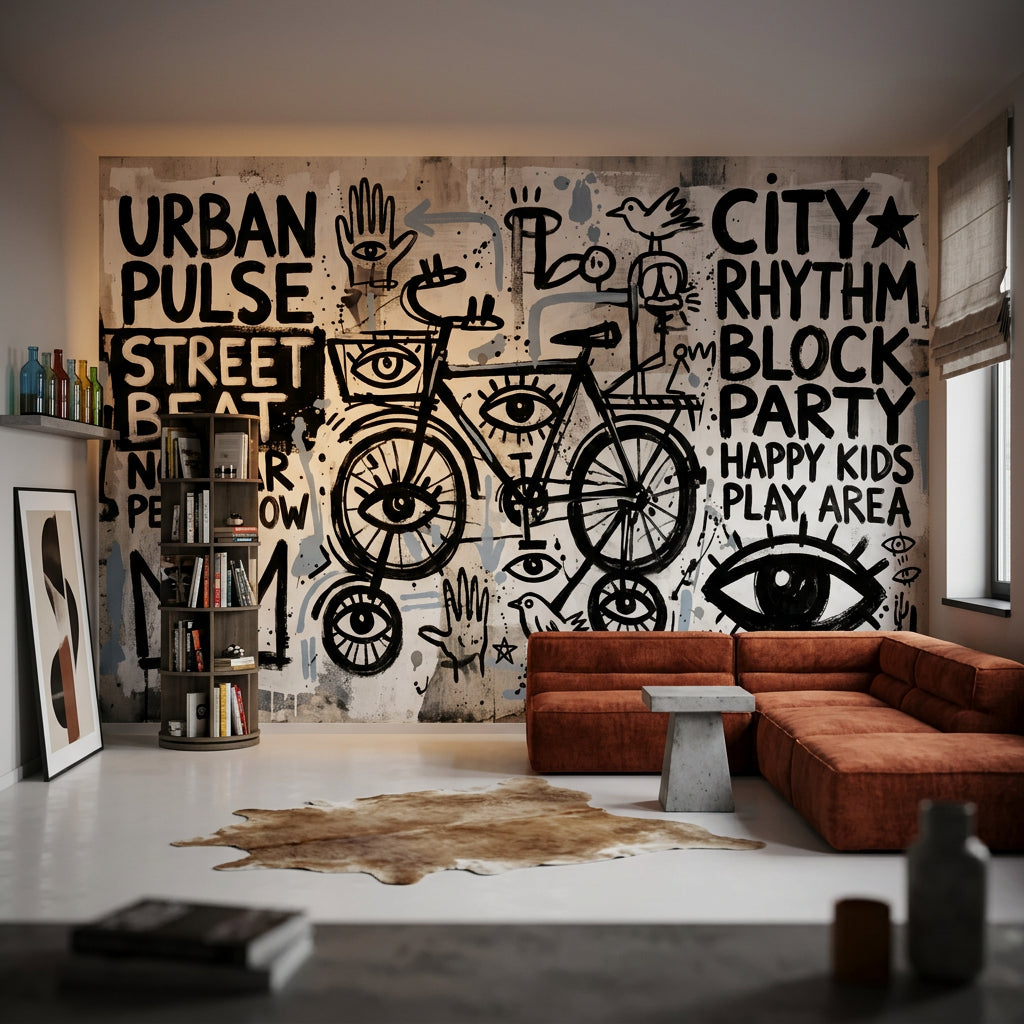 Grafiti Bisikletli Poster Duvar Kağıdı Siyah Beyaz Genç Odası