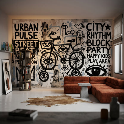 Grafiti Bisikletli Poster Duvar Kağıdı Siyah Beyaz Genç Odası