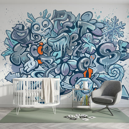 Graffiti Yazı Desenli Poster Duvar Kağıdı Mavi Gri Genç Odası