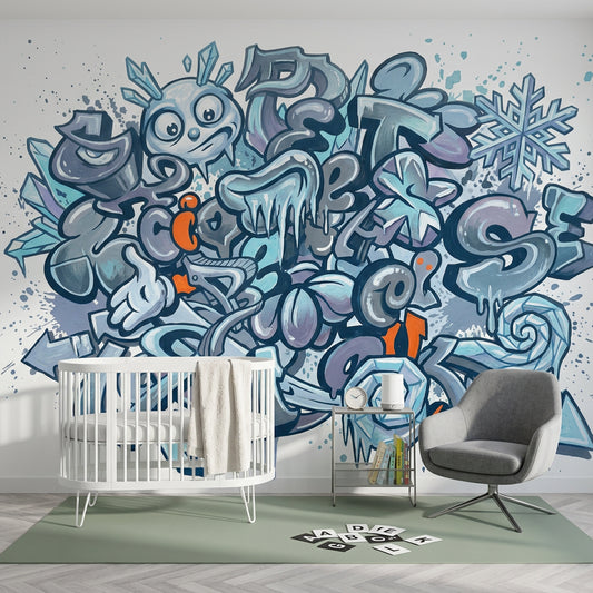 Graffiti Yazı Desenli Poster Duvar Kağıdı Mavi Gri Genç Odası