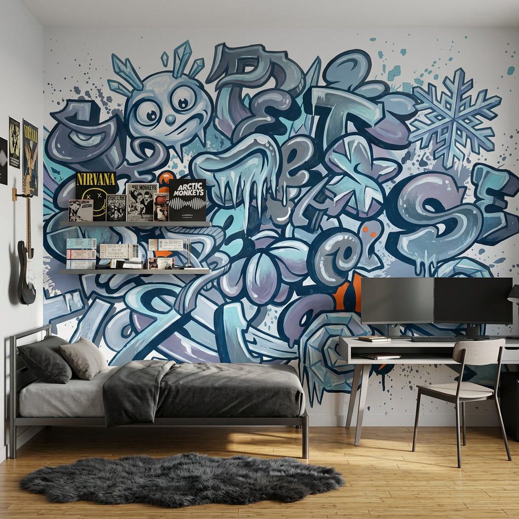 Graffiti Yazı Desenli Poster Duvar Kağıdı Mavi Gri Genç Odası