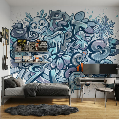 Graffiti Yazı Desenli Poster Duvar Kağıdı Mavi Gri Genç Odası