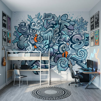 Graffiti Yazı Desenli Poster Duvar Kağıdı Mavi Gri Genç Odası