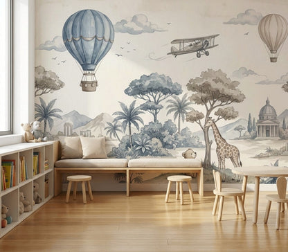 Balon ve Safari Poster Duvar Kağıdı Mavi Bej Çocuk Odası