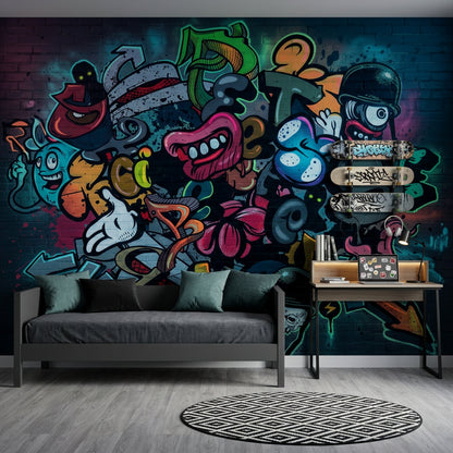 Renkli Grafiti Poster Duvar Kağıdı Tuğla Duvar Görünümlü