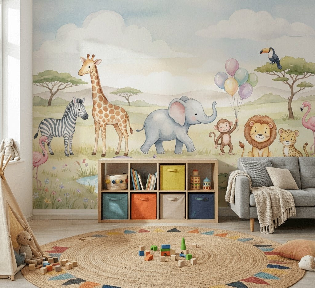 Safari Hayvanlı Poster Duvar Kağıdı Pastel Çocuk Odası Duvar Resmi