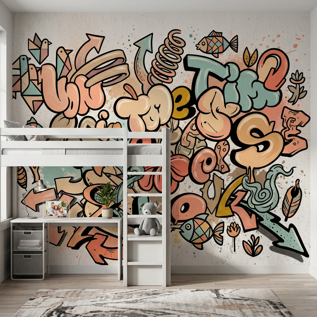 Grafiti Yazı ve Simgeli Poster Duvar Kağıdı Genç Odası