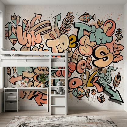 Grafiti Yazı ve Simgeli Poster Duvar Kağıdı Genç Odası
