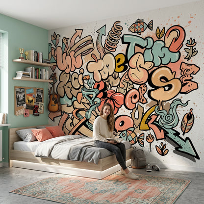 Grafiti Yazı ve Simgeli Poster Duvar Kağıdı Genç Odası