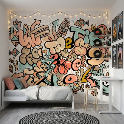 Grafiti Yazı ve Simgeli Poster Duvar Kağıdı Genç Odası