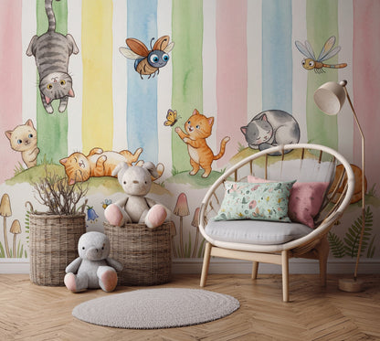 Sevimli Kedili Poster Duvar Kağıdı Pastel Çizgili Çocuk Odası