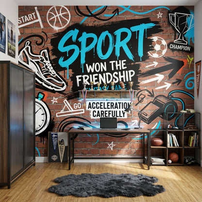 Grafiti Spor Temalı Poster Duvar Kağıdı Tuğla Desenli Genç Odası