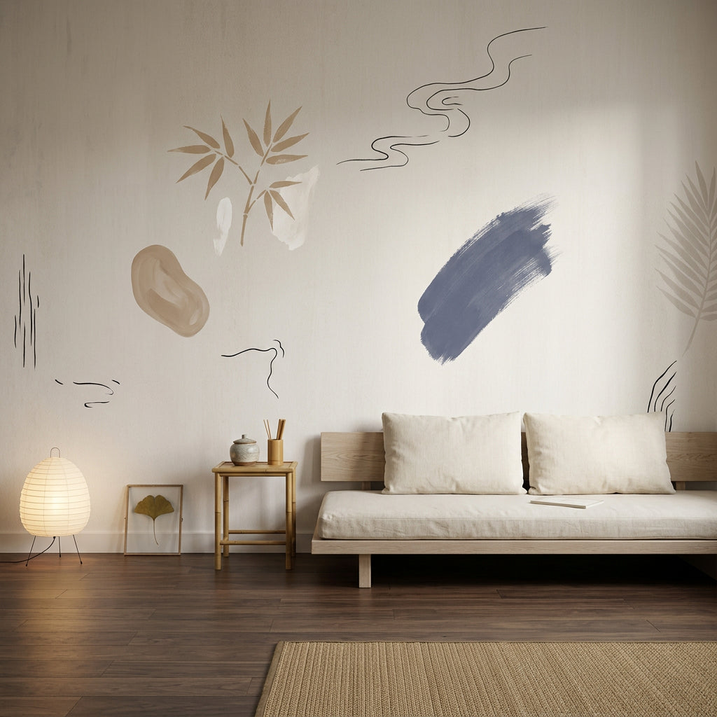 Minimal Soyut Fırça Darbeli Poster Duvar Kağıdı Bej Lacivert
