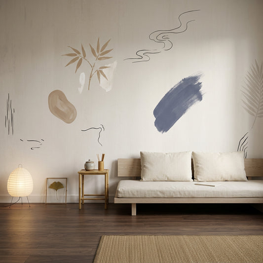 Minimal Soyut Fırça Darbeli Poster Duvar Kağıdı Bej Lacivert