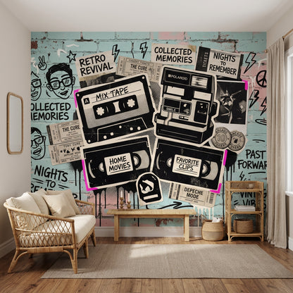 Retro Kolaj Poster Duvar Kağıdı Kaset Kamera Grafiti Desenli