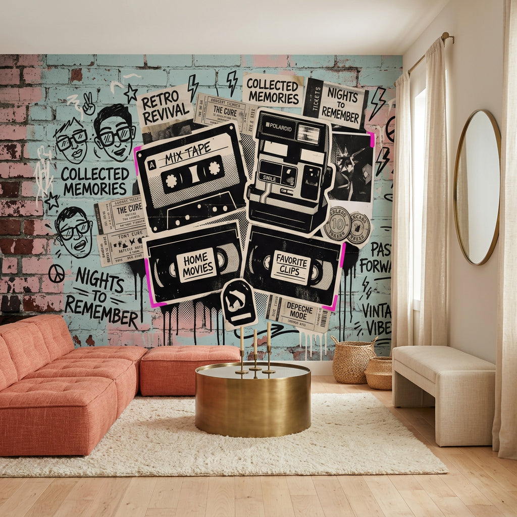 Retro Kolaj Poster Duvar Kağıdı Kaset Kamera Grafiti Desenli