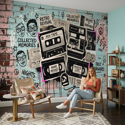 Retro Kolaj Poster Duvar Kağıdı Kaset Kamera Grafiti Desenli