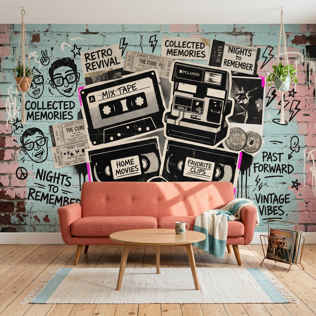 Retro Kolaj Poster Duvar Kağıdı Kaset Kamera Grafiti Desenli