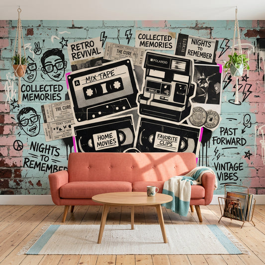 Retro Kolaj Poster Duvar Kağıdı Kaset Kamera Grafiti Desenli