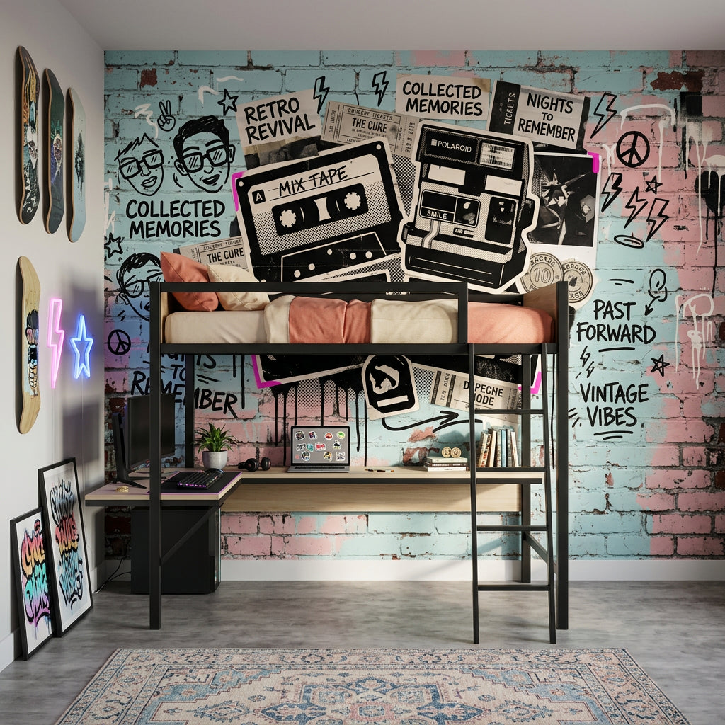 Retro Kolaj Poster Duvar Kağıdı Kaset Kamera Grafiti Desenli