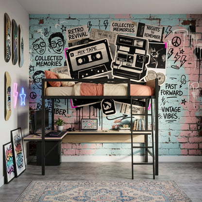 Retro Kolaj Poster Duvar Kağıdı Kaset Kamera Grafiti Desenli