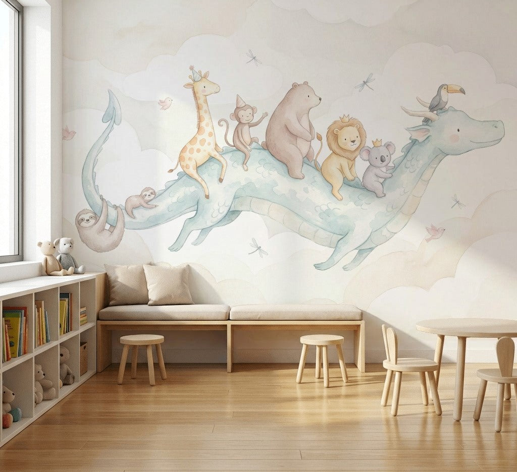 Uçan Dinozor ve Hayvanlı Poster Duvar Kağıdı Çocuk Odası