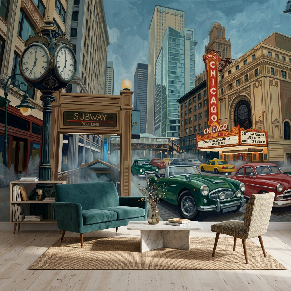 Chicago Şehir Manzaralı Poster Duvar Kağıdı Retro Araba Temalı