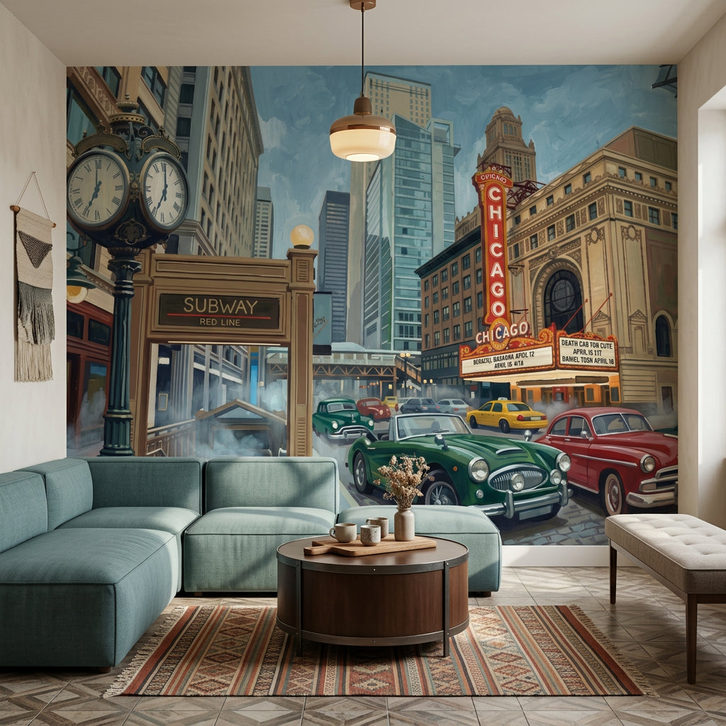 Chicago Şehir Manzaralı Poster Duvar Kağıdı Retro Araba Temalı