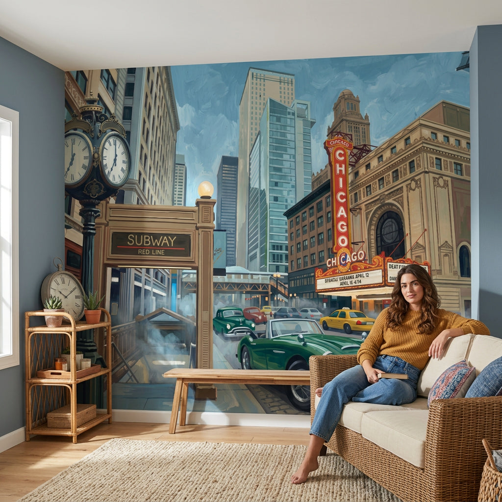 Chicago Şehir Manzaralı Poster Duvar Kağıdı Retro Araba Temalı