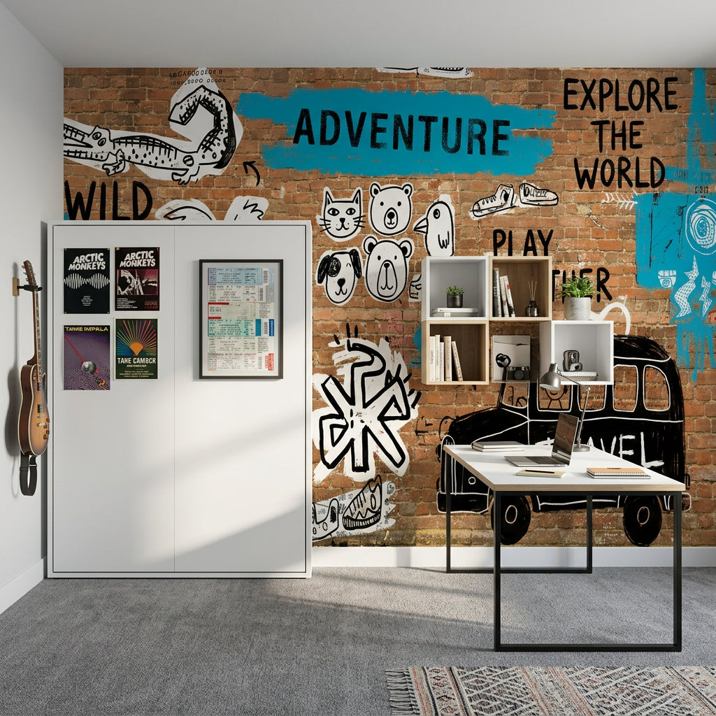 Tuğla Duvar Görünümlü Graffiti Poster Duvar Kağıdı Genç Odası
