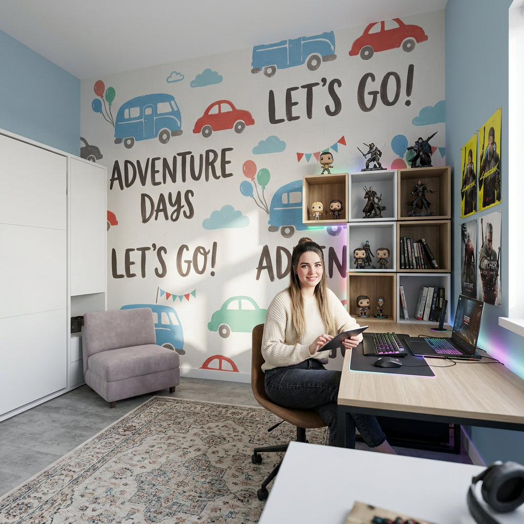 Arabalar ve Balonlar Poster Duvar Kağıdı Çocuk Odası Desenli