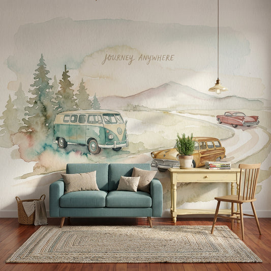 Suluboya Karavan ve Klasik Arabalı Poster Duvar Kağıdı Salon
