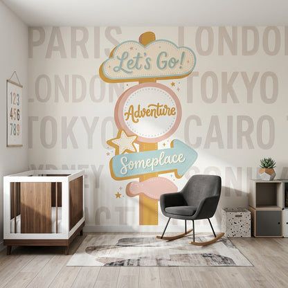 Seyahat Temalı Poster Duvar Kağıdı Pastel Yön Tabelalı Çocuk Odası