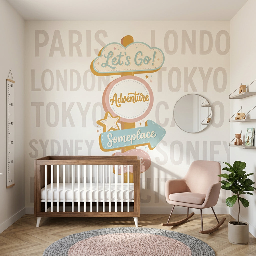 Seyahat Temalı Poster Duvar Kağıdı Pastel Yön Tabelalı Çocuk Odası