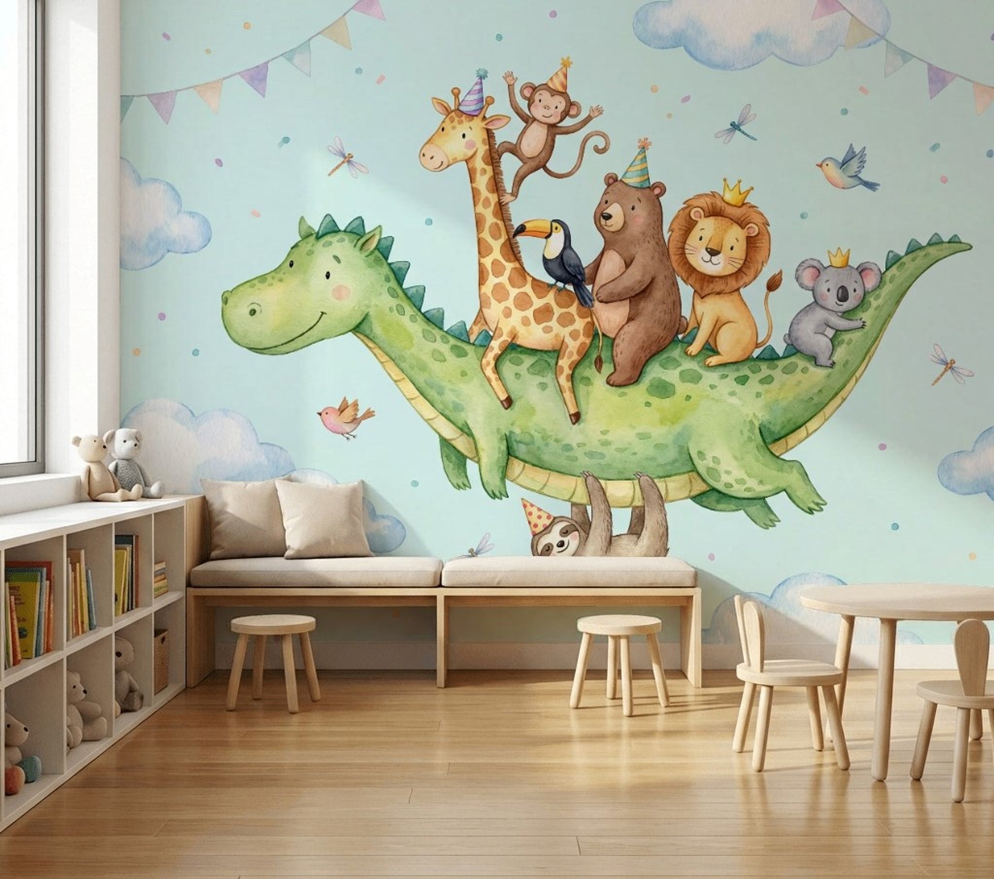 Dinozor ve Orman Hayvanları Poster Duvar Kağıdı Mavi Çocuk Odası