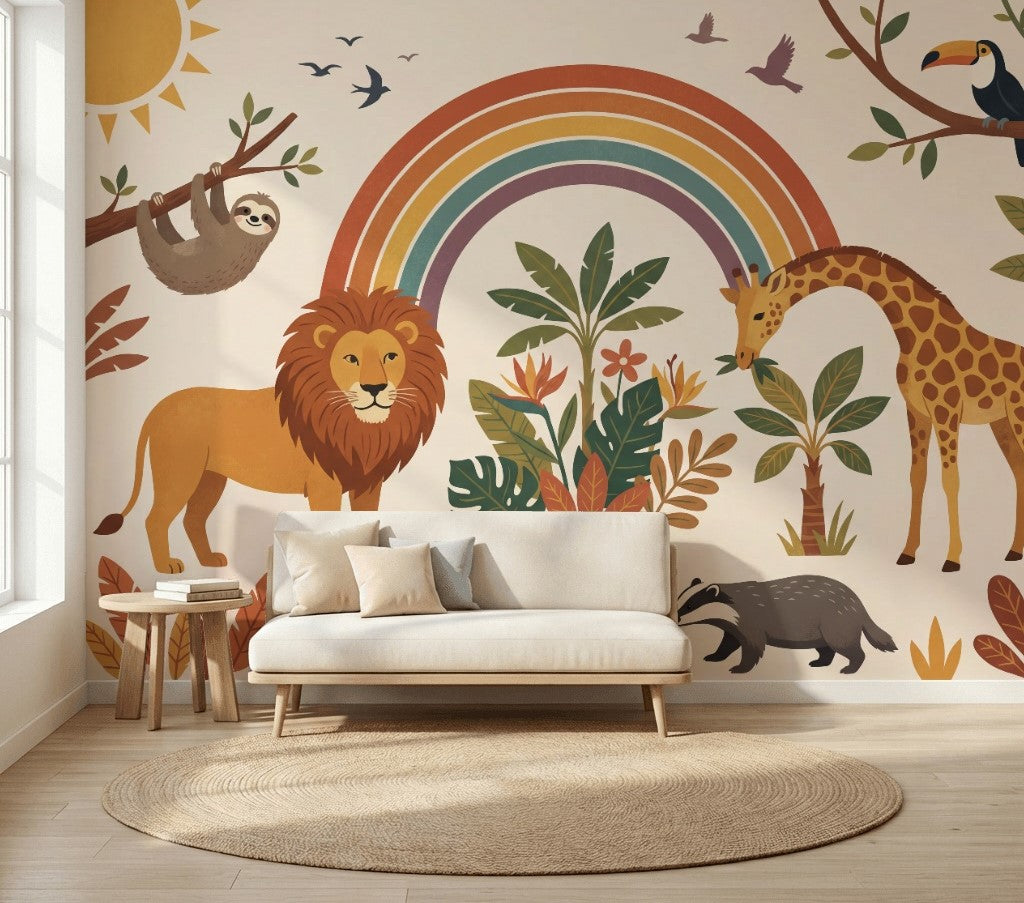 Safari Hayvanlı Poster Duvar Kağıdı Gökkuşağı Desenli Bebek Odası