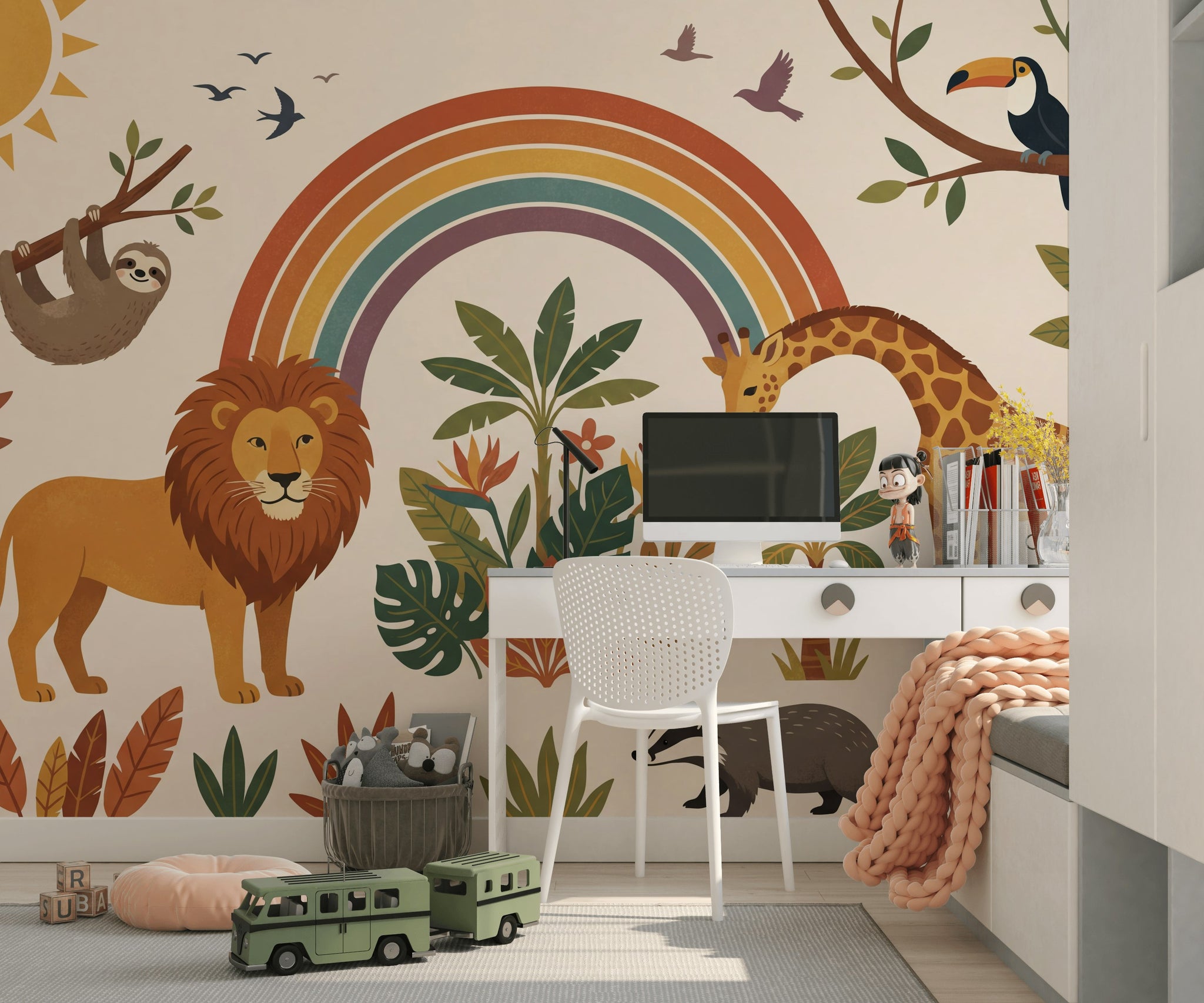 Safari Hayvanlı Poster Duvar Kağıdı Gökkuşağı Desenli Bebek Odası