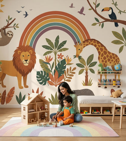 Safari Hayvanlı Poster Duvar Kağıdı Gökkuşağı Desenli Bebek Odası